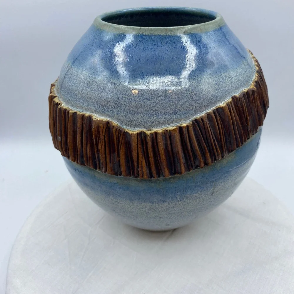 Studio Pottery Blue Speckled Globular Vase Textured Brown Band Artist Signed 8
